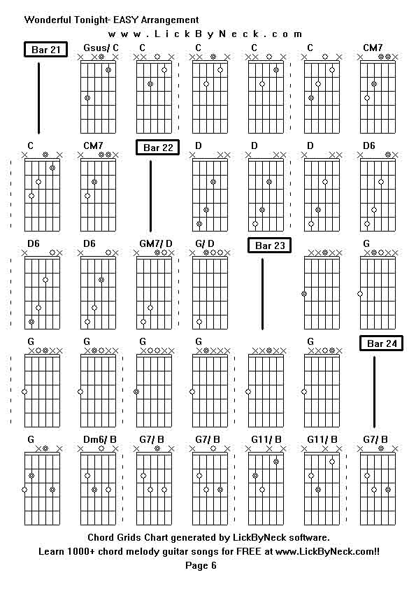 Chord Grids Chart of chord melody fingerstyle guitar song-Wonderful Tonight- EASY Arrangement,generated by LickByNeck software.